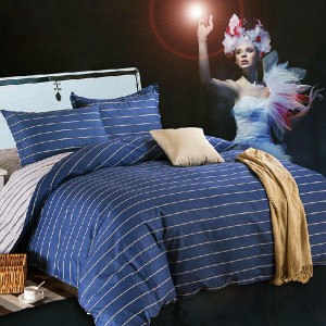 3 Or 4pcs Dark Blue Pure Cotton Taffeta Stripe Printed Bedding Sets - 3pcs Suit Twin Size