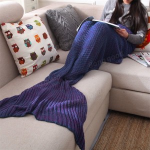 Yarn Knitted Mermaid Tail Blanket Handmade Crochet Throw Super Soft Sofa Bed Mat Sleeping Bag - 130*60cm Blue