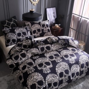 Black White Skull Printed Quilt Cover Pillowcase Halloween Style Bedding Sets  - 5#