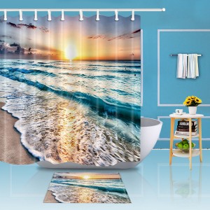 Ocean Beach Sunset Polyester Waterproof Bathroom Shower Curtain Mat Set Decor - 1