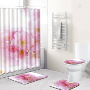 4pcs Flower Bathroom Set Non-Slip Rug Lid Toilet Cover Bath Mat Shower Curtains - D014