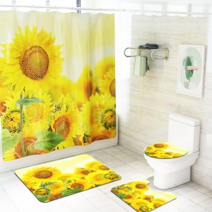 Beatiful 3D Sunset Sunflower Waterproof Shower Curtain Hooks Non-Slip Bath CarpetsToilet Mats for Bathroom Decor - #1