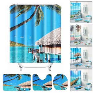 Beach Sea Waterproof Non Slip Bathroom Shower Curtain Toilet Cover Mat Rug Set 5 - 2