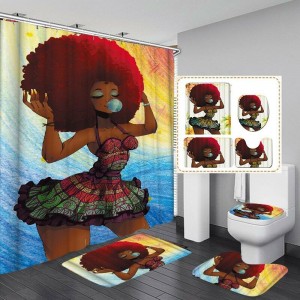 African Fashion Girl Printing Waterproof Bathroom Shower Curtain Toilet Cover Mat Non-Slip Rug Set -  Red