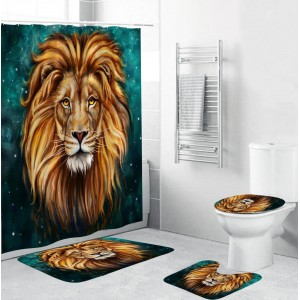 4 Pcs Bathroom Bath Mat Set Anti Slip Rugs Toilet Lid Cover Tiger Shower Curtain - 165*180cm