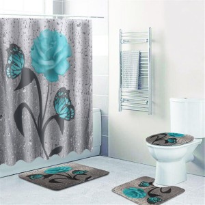 Waterproof Green Butterfly Rose Pattern Bathroom Shower Curtain Quickly Dry Floor Mats Non-Slip Mats Rugs Toilet Lid Set - A