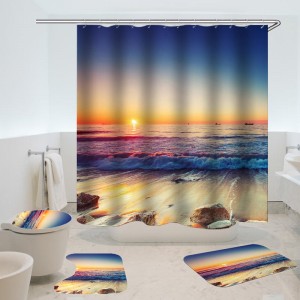 Waterproof Shower Curtain Non-Slip Rug Three Set  Bathroom Decor Blue Ocean Sunset - 45cmx75cm