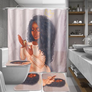 American Women Holding Mirror Pattern Fabric Shower Curtain Bathroom Curtains Non-Slip Rugs Toilet Lid Cover Mat Carpet Sets - 1