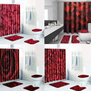 4Pcs/Set Bathroom Shower Curtain Set with Hooks Washable Toilet Seat Cover Pedestal Rug Lid Toilet - #08