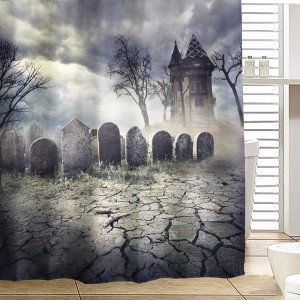 180x180cm Halloween Haunted House Polyester Shower Curtain Bathroom Decor with 12 Hooks