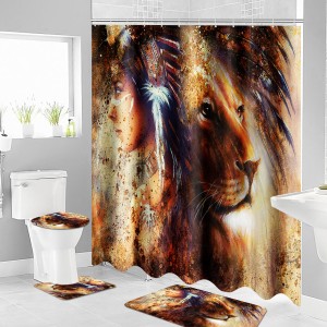 Queen Women Lion Printed Waterproof Shower Curtain Non-Slip Carpet Lid Toilet Lid Bath Mat Set for Bathroom Decoration - 3PCS