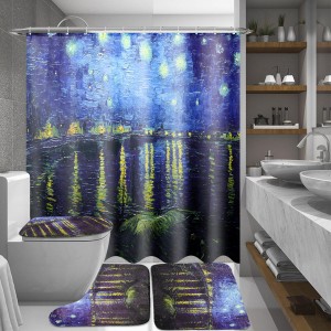  180x180cm Rhone River Night Bathroom Shower Curtains Lid Toilet Cover Mat Rug Set - B