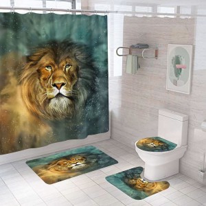 Waterproof Lion Galaxy Star Pattern Shower Curtain Anti-skid Bathroom Pedestal Rug Lid Toilet Cover Bath Mat Set - 3PCS