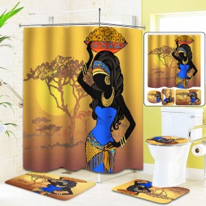 Exotic African Girls Bathroom Shower Curtain Toilet Cover Mat Non Slip Rug  - 1