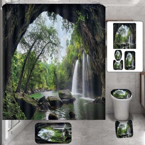 Natural Waterfall Shower Curtain Home Carpet Bathroom Decor Toilet Seat Cover Pedestal Bath Mat Rugs Set - #1