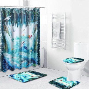 Ocean Waterproof Bathroom Shower Curtain Non-slip Mat Toilet Lid Cover Rug Set - K10 Pro