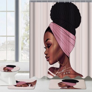 African Girl Waterproof Shower Curtain Non-slip Mats Bath Carpets Toilet Seat Cover Floor Mat - 3PCS