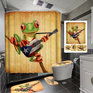 Frog Playing Guitar Bathroom Shower Curtain Anti-skid Bath Carpet Rugs Toilet Seat Cover Bath Mat Set - #1