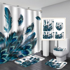 Peacock Feathers 4PCS Waterproof Bathroom Shower Curtain Toilet Cover Mat Non-Slip Floor Mat Rug Bathroom Set with 12 Hooks - #4