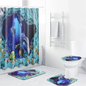 Ocean Sea Dolphin Swimming Decor Bath Shower Curtain Waterproof Non-Slip Rug Pedestal Rug Lid Toilet Cover Bath Mat Shower Curta