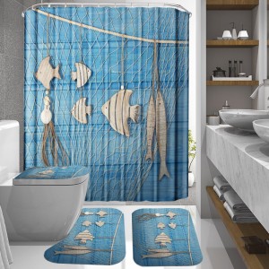 Ocean Style Waterproof Shower Curtain Hanging Shell Fish Decorative Bathroom Shower Curtain Toilet Cover Mat Non-Slip Rug Set - 