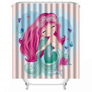 Pink Mermaid Shower Curtain Waterproof Fabric Bathroom Decor with 12 Hooks Cartoon Mermaid Wave Fish for Kids Adult - 2