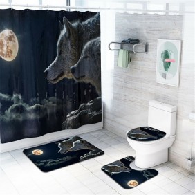 4 Pcs Wolf Bathroom Bath Mat Set Rugs Toilet Lid Cover Shower Curtain Waterproof - 4