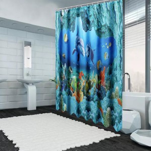 Ocean Dolphin Deep Sea Bathroom Shower Curtain Waterproof Rug Mat Set 180x180cm