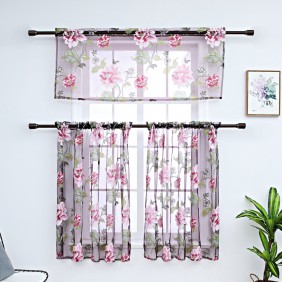 3 PCS Kitchen Curtain Washable Rod Pocket Curtain Tier Embroidered Floral Sheer Curtain - Purple Size 150