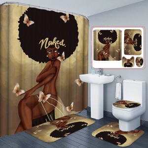 African Exploding Hair Girl Pattern Shower Curtain Waterproof Bathroom Non-slip Bath Pad Pedestal Rug Lid Toilet Cover Mat Set -