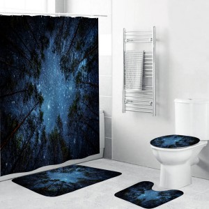  4 Pcs/Set Shower Curtain Waterproof Bathroom Bath Mat Rug Toilet Lid Cover Home - E