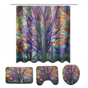 Colorful Dreamy Tree Pattern Bathroom Waterproof Shower Curtain Floor Mat Pedestal Rug Toilet Lid Cover Bath Mat - 3