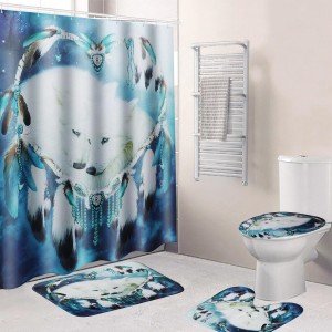 B68916 White Wolf Dream Catcher Bathroom Shower Curtain Lid Toilet Mat Cover Bath Floor Mat - 1