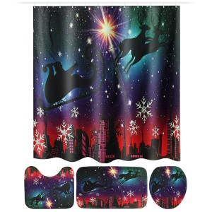 Christmas Shower Curtain Bathroom Rug Mat Toilet Lid Cover Bath Set Non Slip - 1