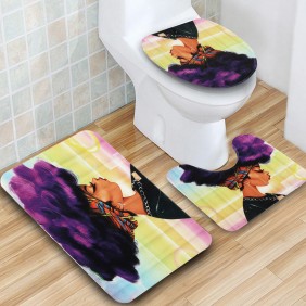 3PCS African Girl Explosion Head Non-Slip Bath Carpet Toilet Cover Shower Mat -  Pink